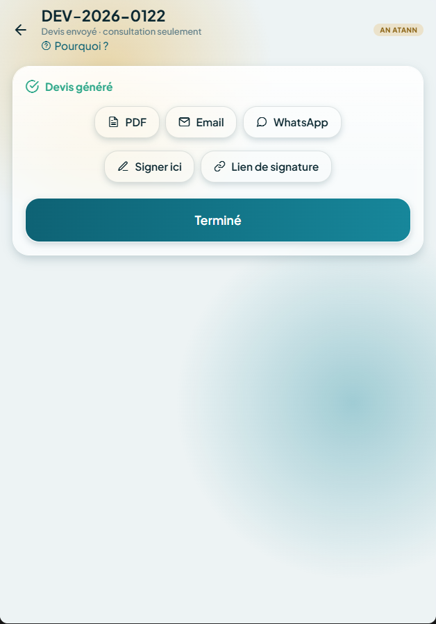Écran après l'envoi d'un devis, avec les boutons PDF, Email, WhatsApp, Signer ici et Lien de signature