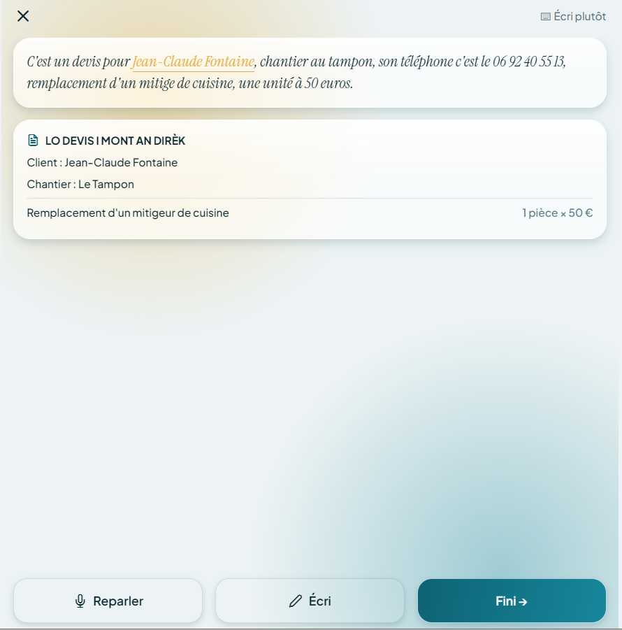 Écran d'enregistrement avec la transcription affichée et le bouton Reparler