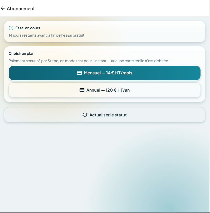 Écran Abonnement avec le choix des formules Mensuel et Annuel